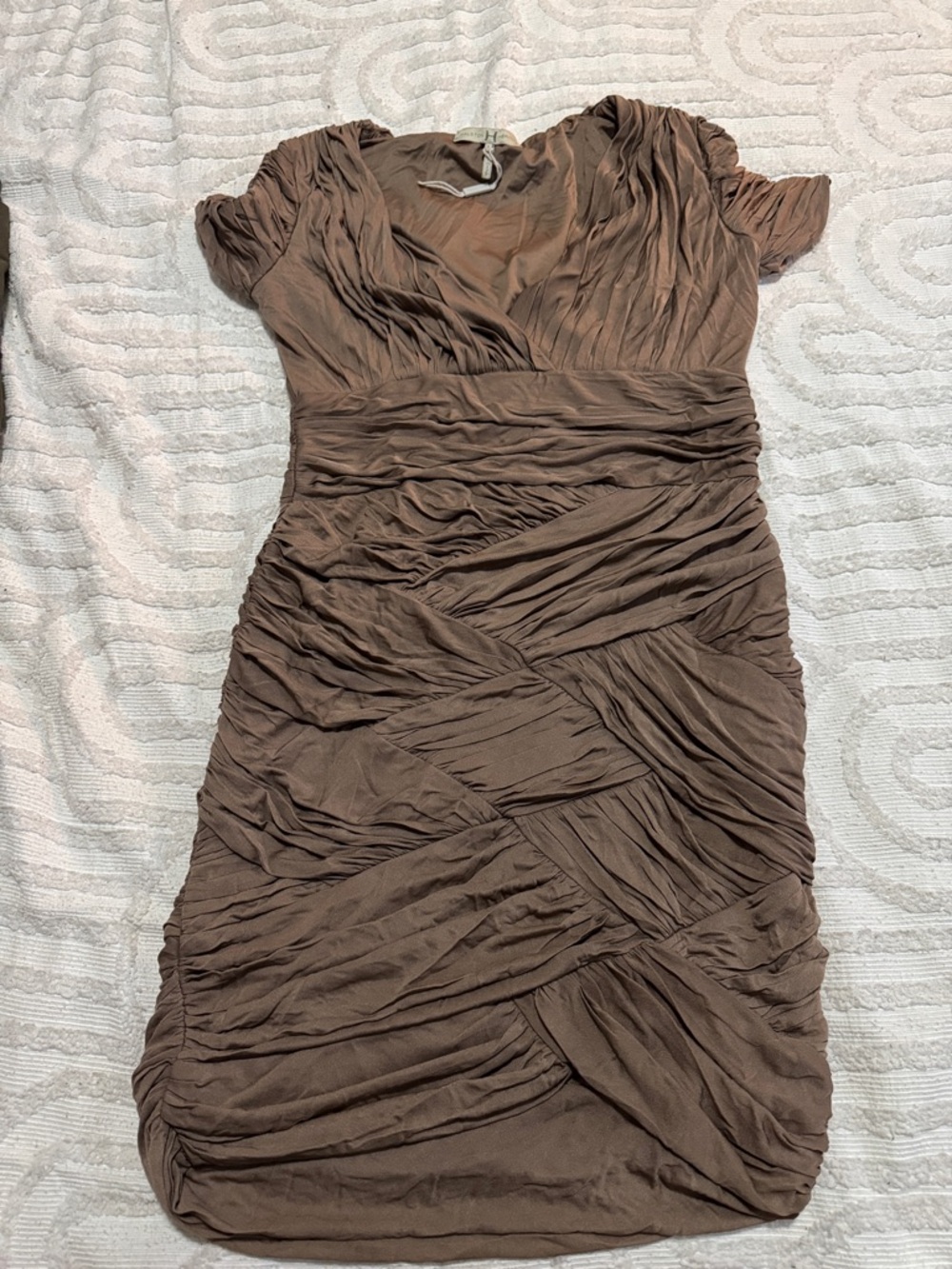 Halston Heritage Brown Ruched V-Neck Midi Dress